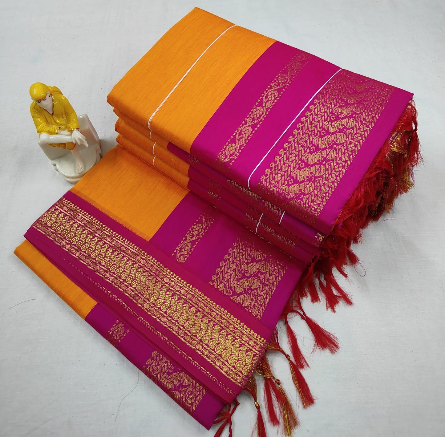 Orange and Magenta - Premium Cotton Silk Saree with Contrast Blouse