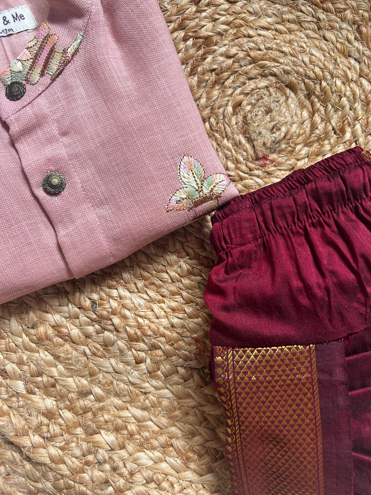 Pure Linen Pastel pink and maroon cotton Kurta Dhoti ethnic wear for baby boy