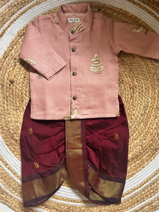 Pure Linen Pastel pink and maroon cotton Kurta Dhoti ethnic wear for baby boy