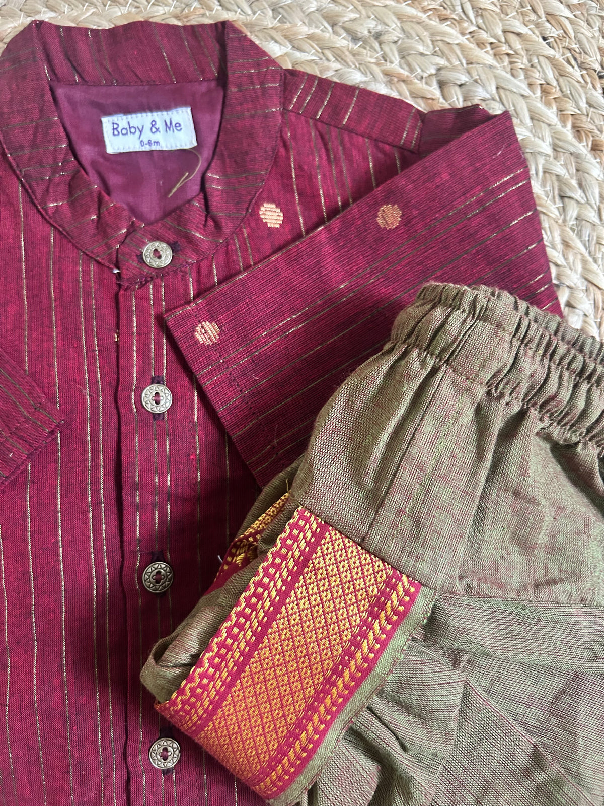 Maroon & Gold Striped Kurta with Sage Green Dhoti Traditional ethnic wear for baby boy