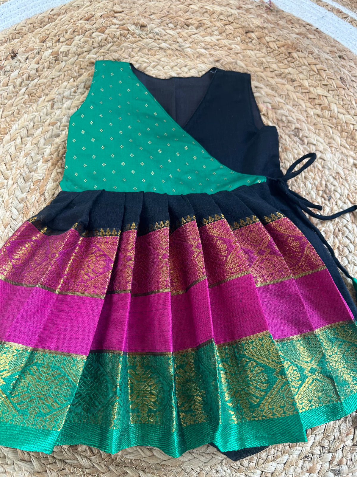 Mul cotton Black & Green Angrakha-Style  Ethnic Wear for Baby Girl – Traditional frock for Baby Girl
