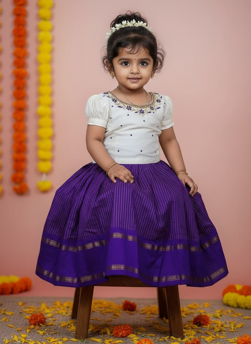 Purple Chequered Pattu Pavadai with White Embroidered Blouse – Traditional Dress for Kids / baby girl