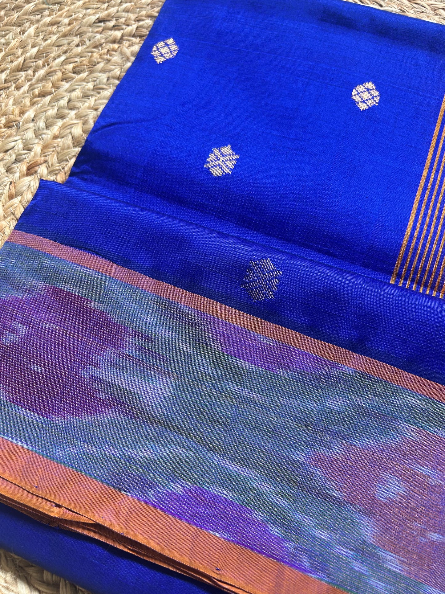 Royal Blue Handloom Silk Cotton Saree with Multicolor Ikat Pallu