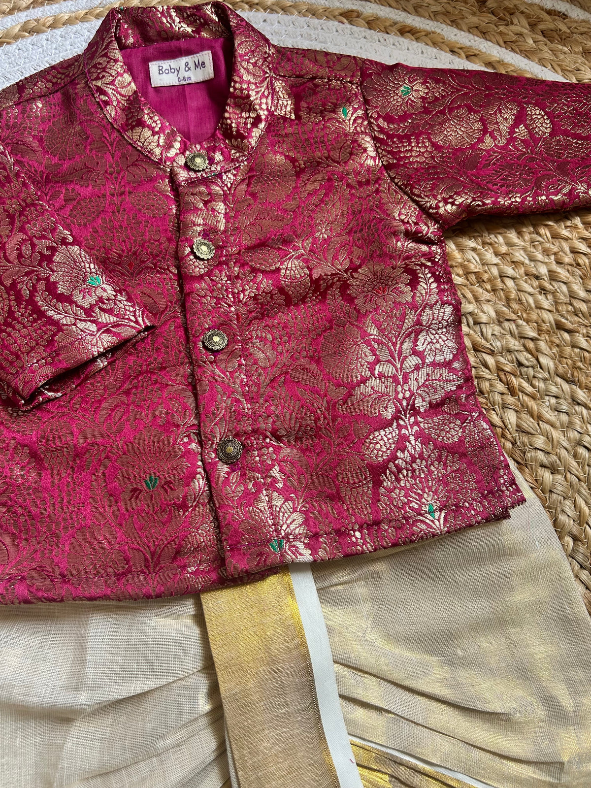 Wine green banarasi royal kurta with traditional gold dhoti ethnic wear for baby boy