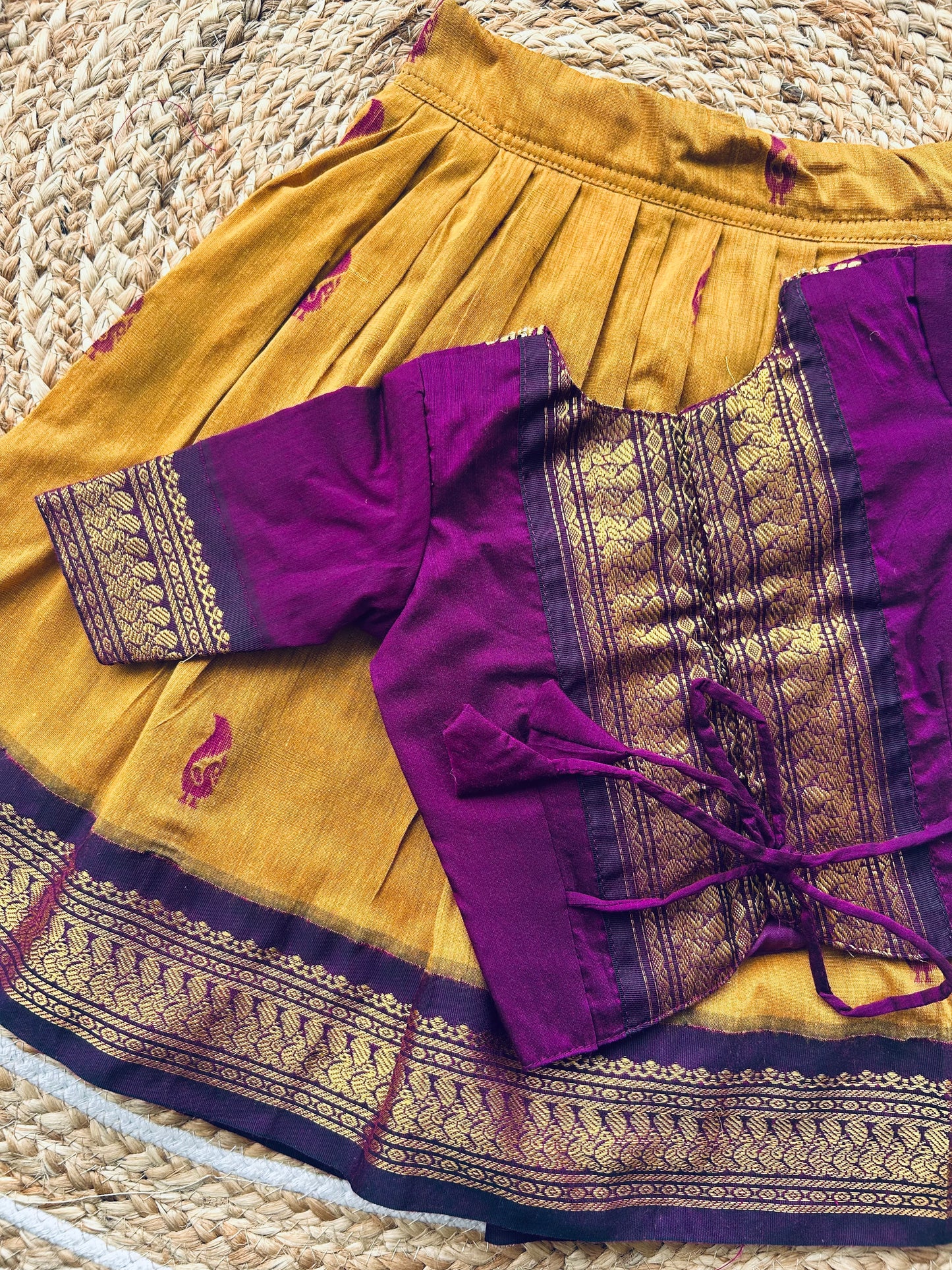 Embroideried Traditional langa blouse / pavadai mustard yellow with wine for baby girl