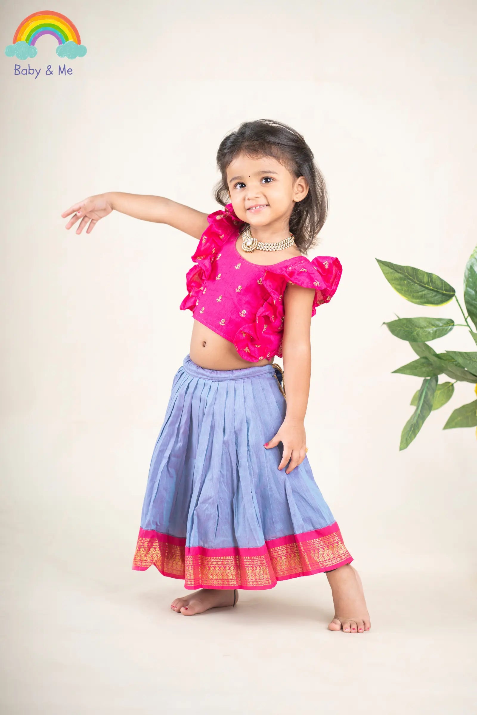 Hot pink ruffle sleeves blouse with unicorn langa lehenga ethnic