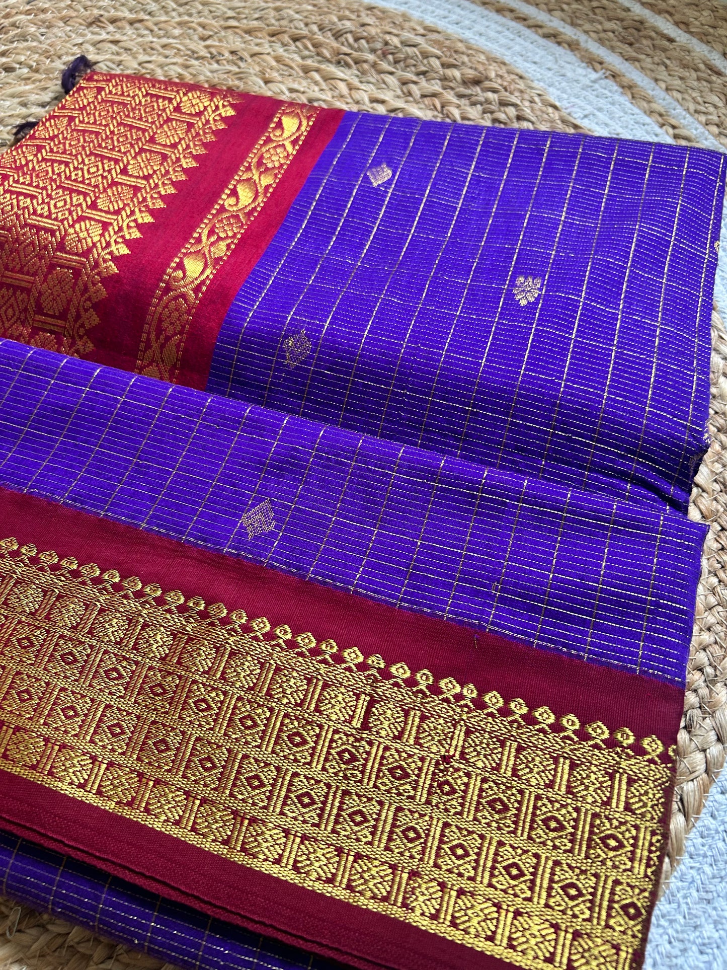 Purple & Maroon Handloom Silk Cotton Saree with Gold Zari Border