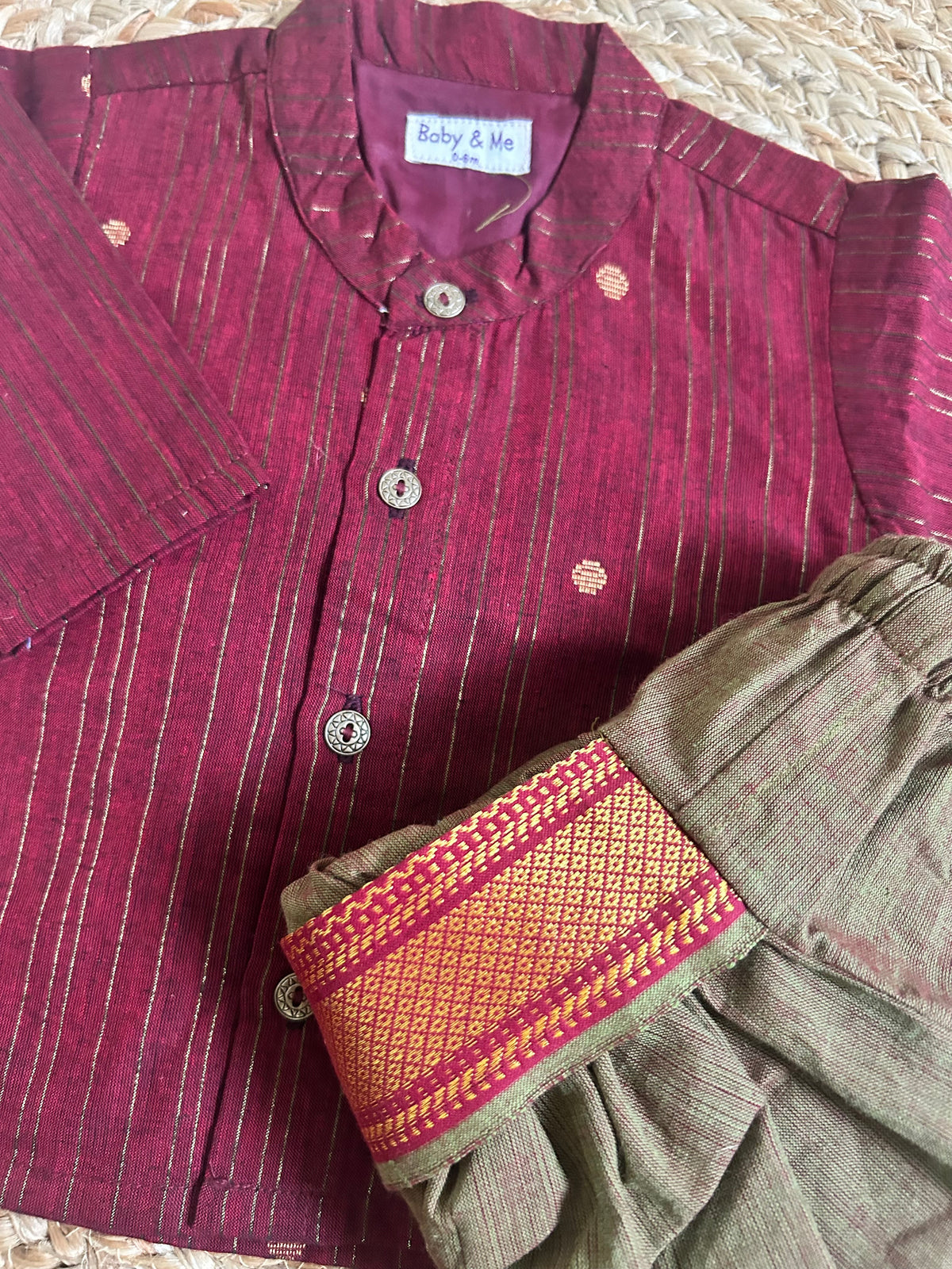 Maroon & Gold Striped Kurta with Sage Green Dhoti Traditional ethnic wear for baby boy