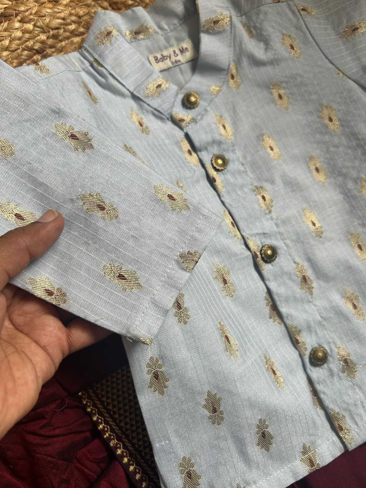 Blue banarasi cotton kurta with zari weave and maroon  Dhoti for Boys – Traditional Ethnic Wear for Baby Boy