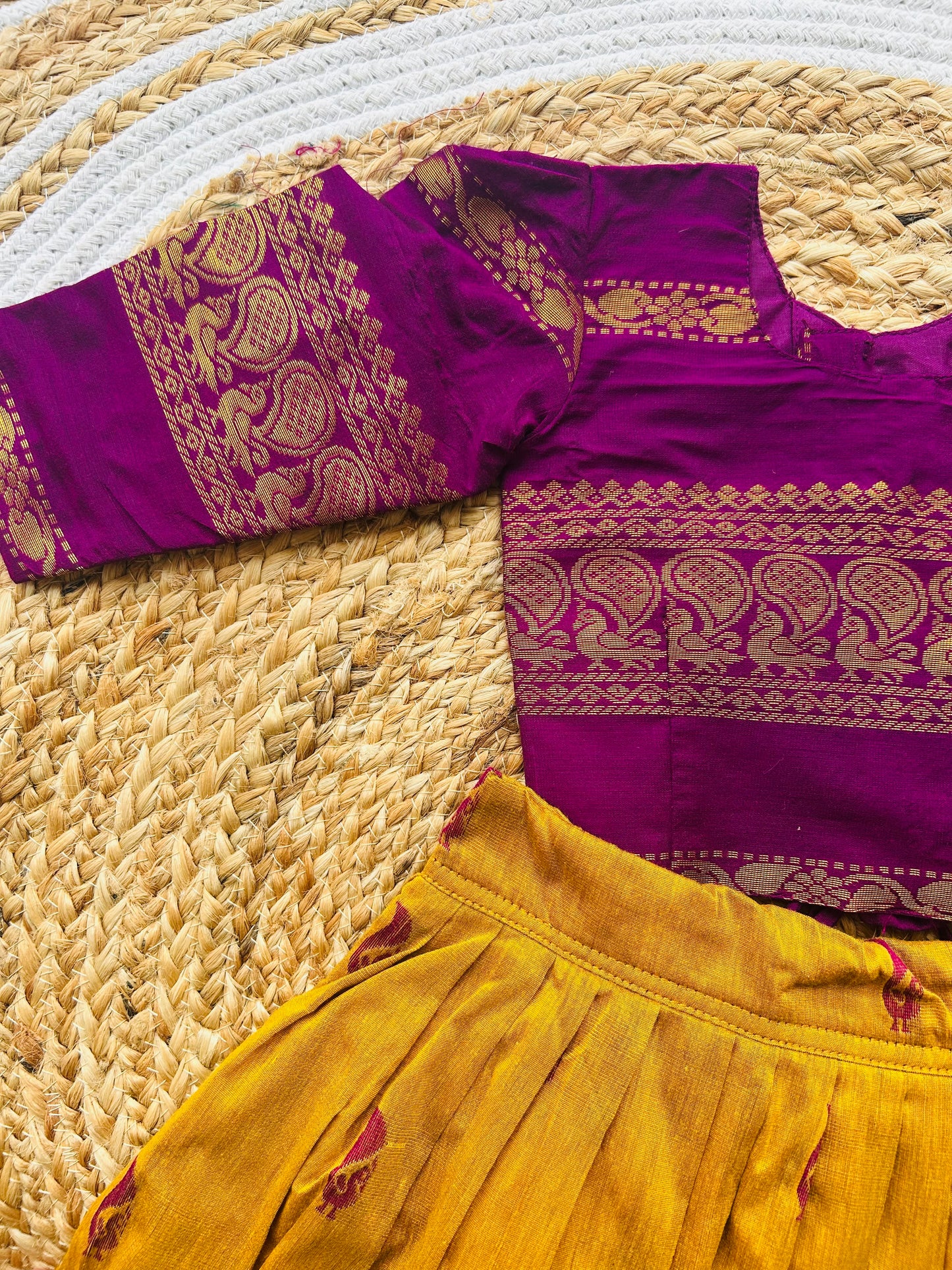 Traditional langa blouse / pavadai mustard yellow with wine for baby girl
