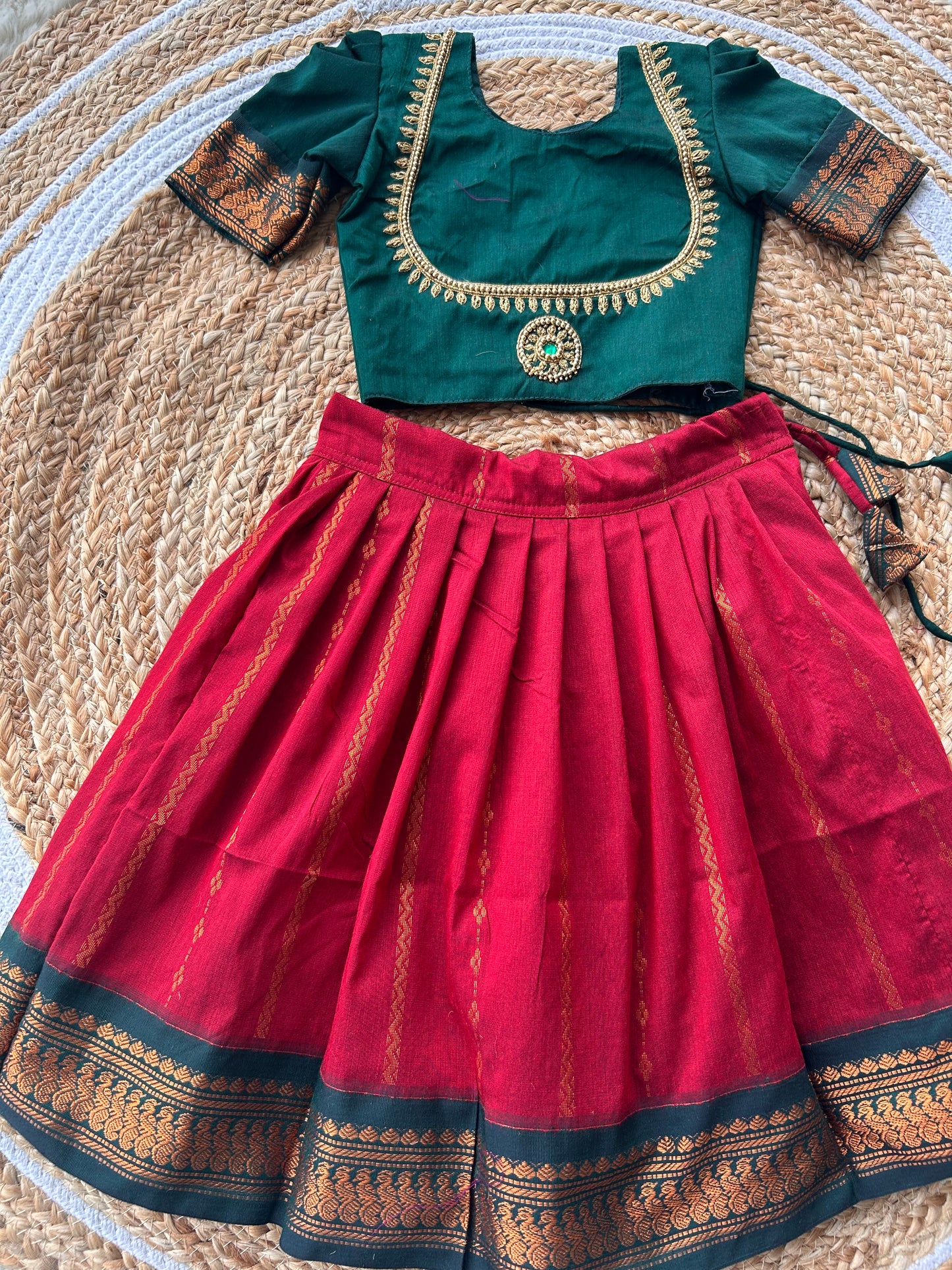 Little Lakshmi Traditional pavadai pure cotton with zari weaving and hand embroidery langa blouse set for baby girl