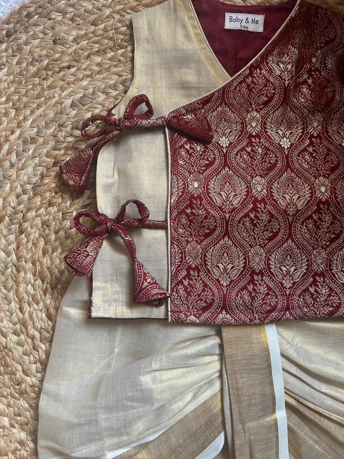 Maroon banarasi angrakha with traditional gold dhoti ethnic wear for baby boy
