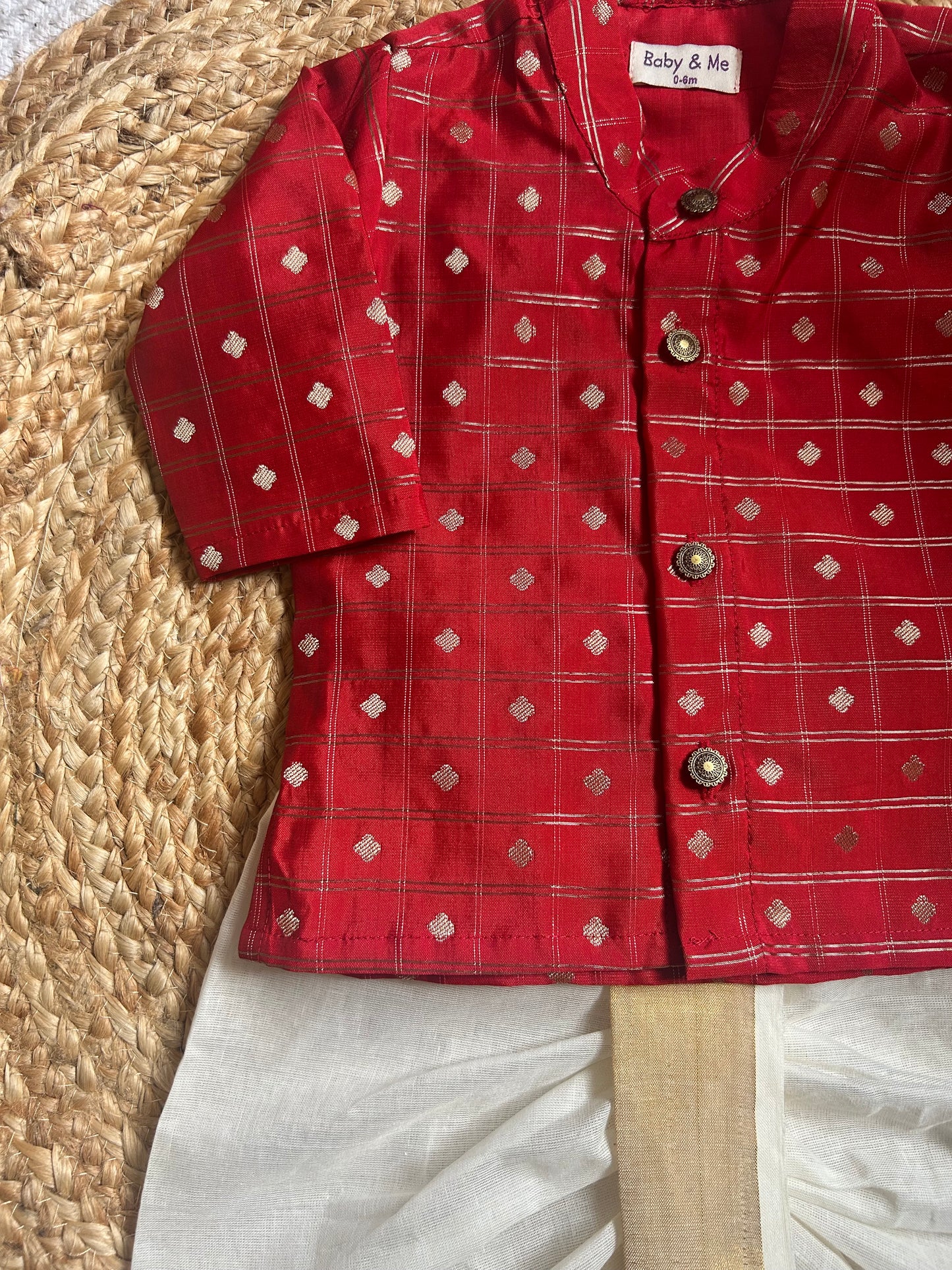 Reshme chowka red kurta with handloom cotton white with zari dhoti ethnic wear for baby boy