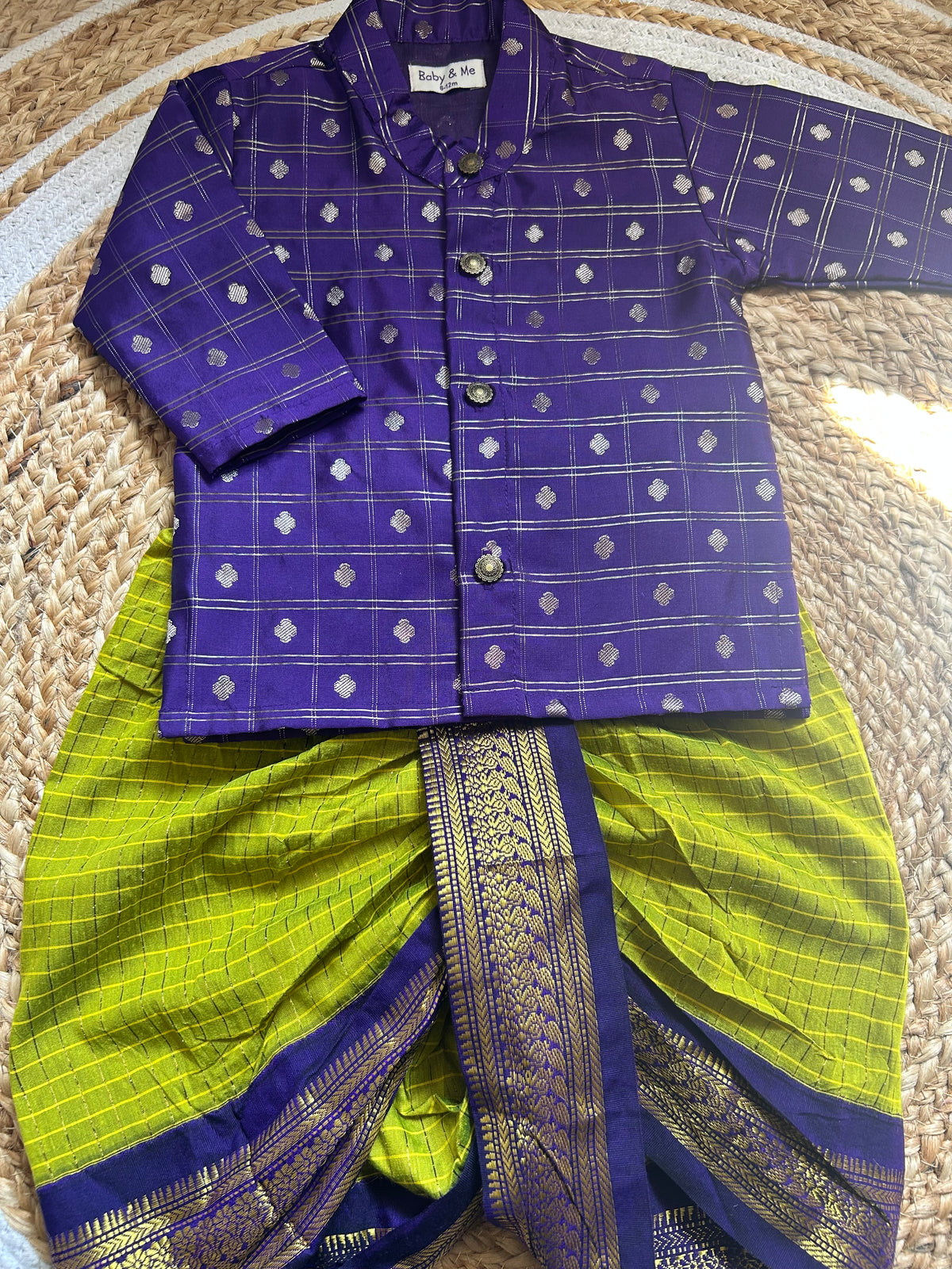 Purple reshme chowka Kurta with green dhoti traditional ethnic wear for baby boy