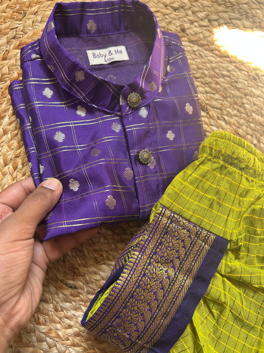 Purple reshme chowka Kurta with green dhoti traditional ethnic wear for baby boy