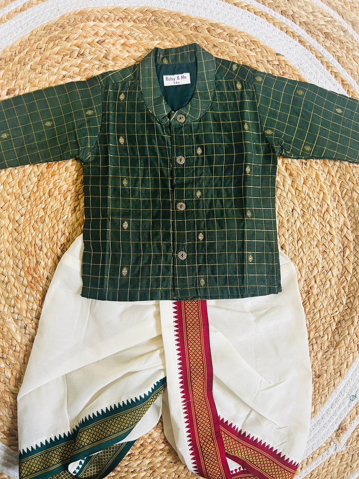 Green Reshme Chowka Kurta with white Traditional Temple Border Dhoti ethnic wear for baby boy
