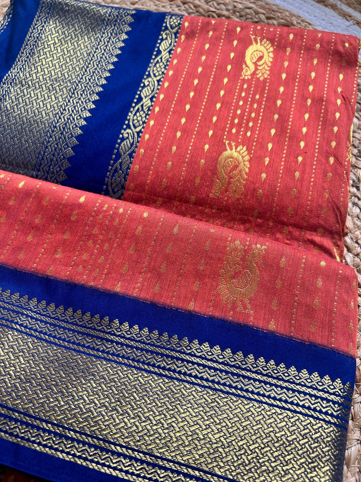Burnt Orange & Navy blue Handloom Silk Cotton Saree with Gold Zari Border