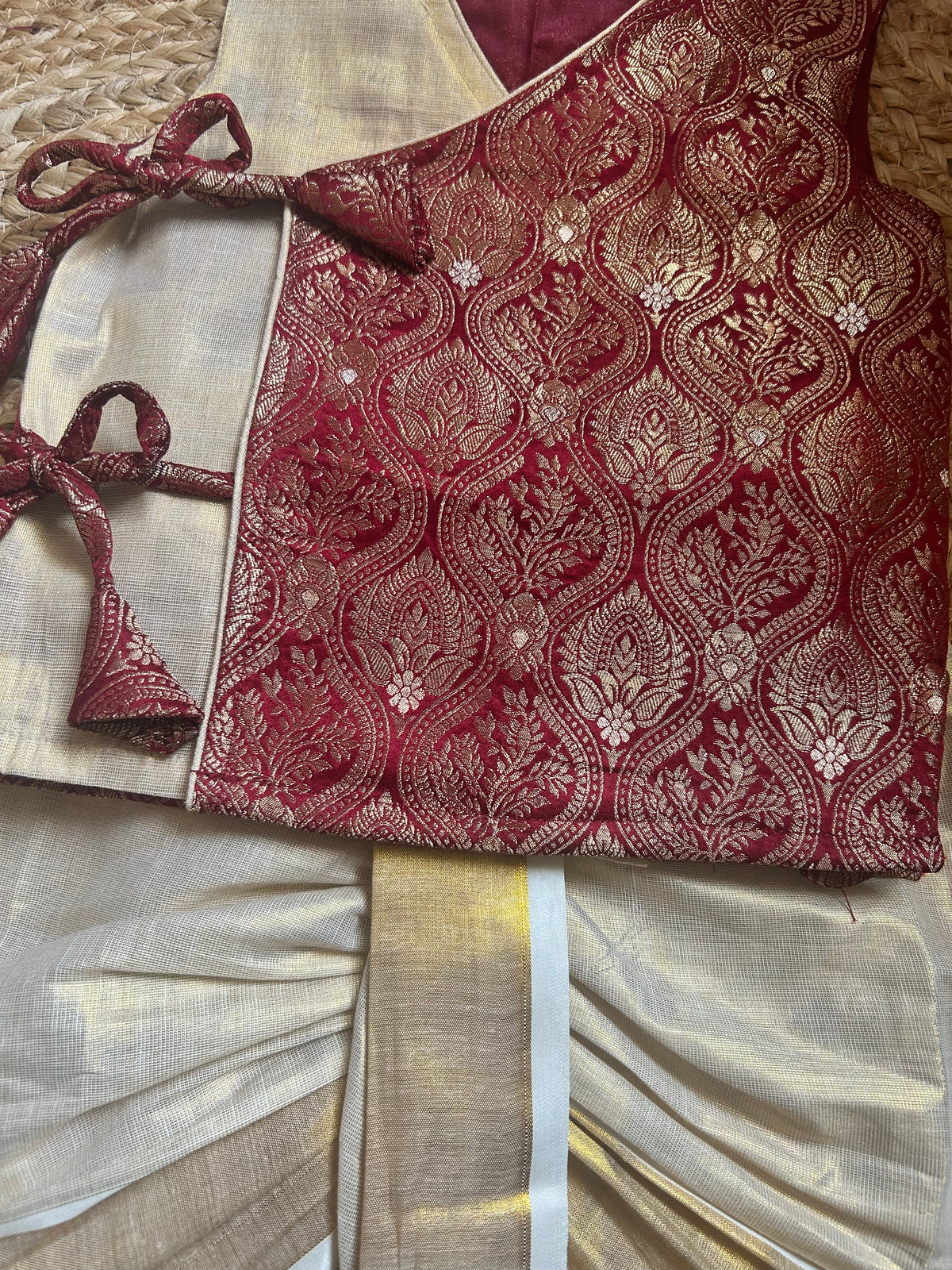 Maroon banarasi angrakha with traditional gold dhoti ethnic wear for baby boy