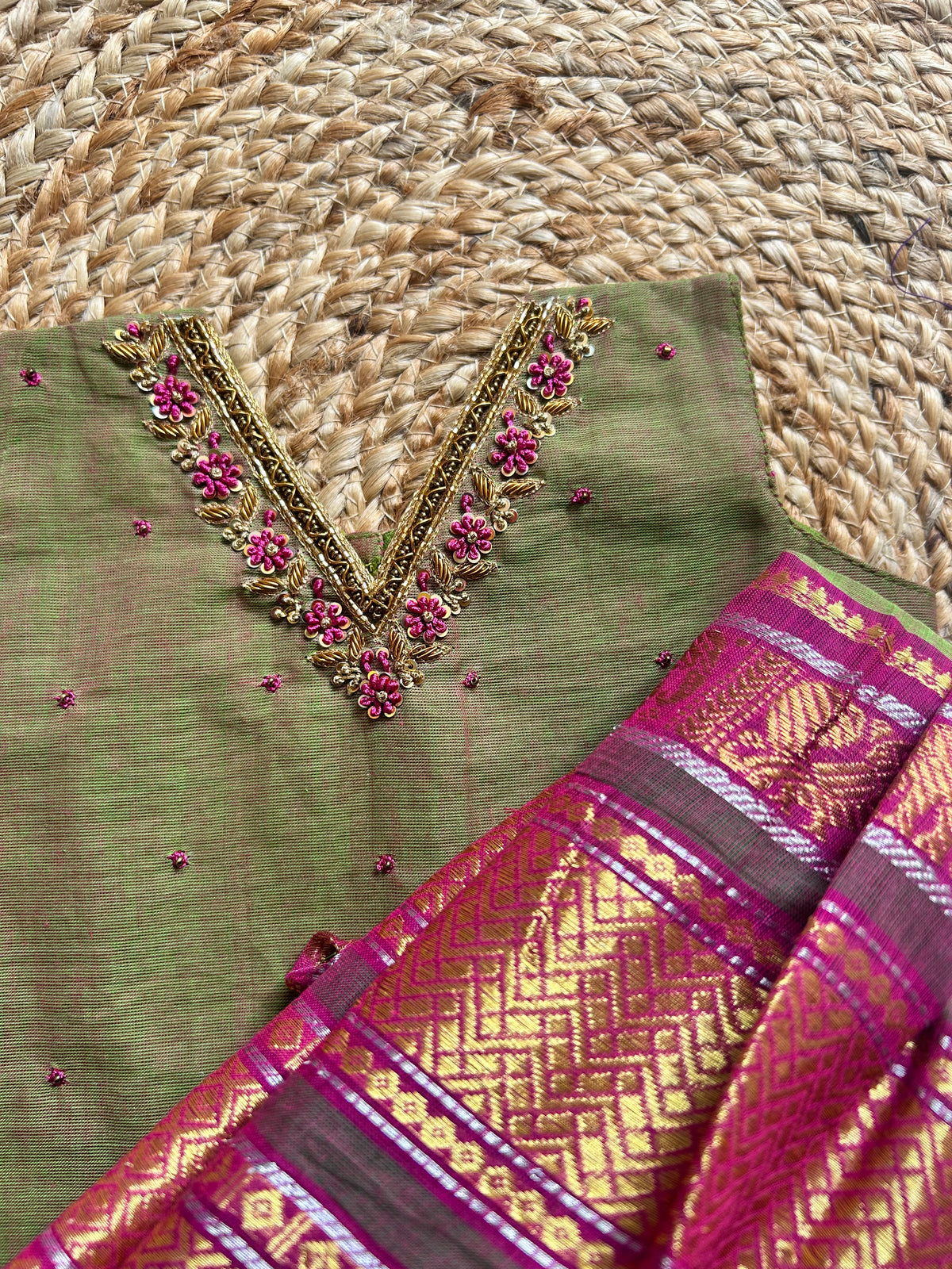 Bhavani - Kanchi border green handloom cotton sleeveless heritage langa blouse for baby girl