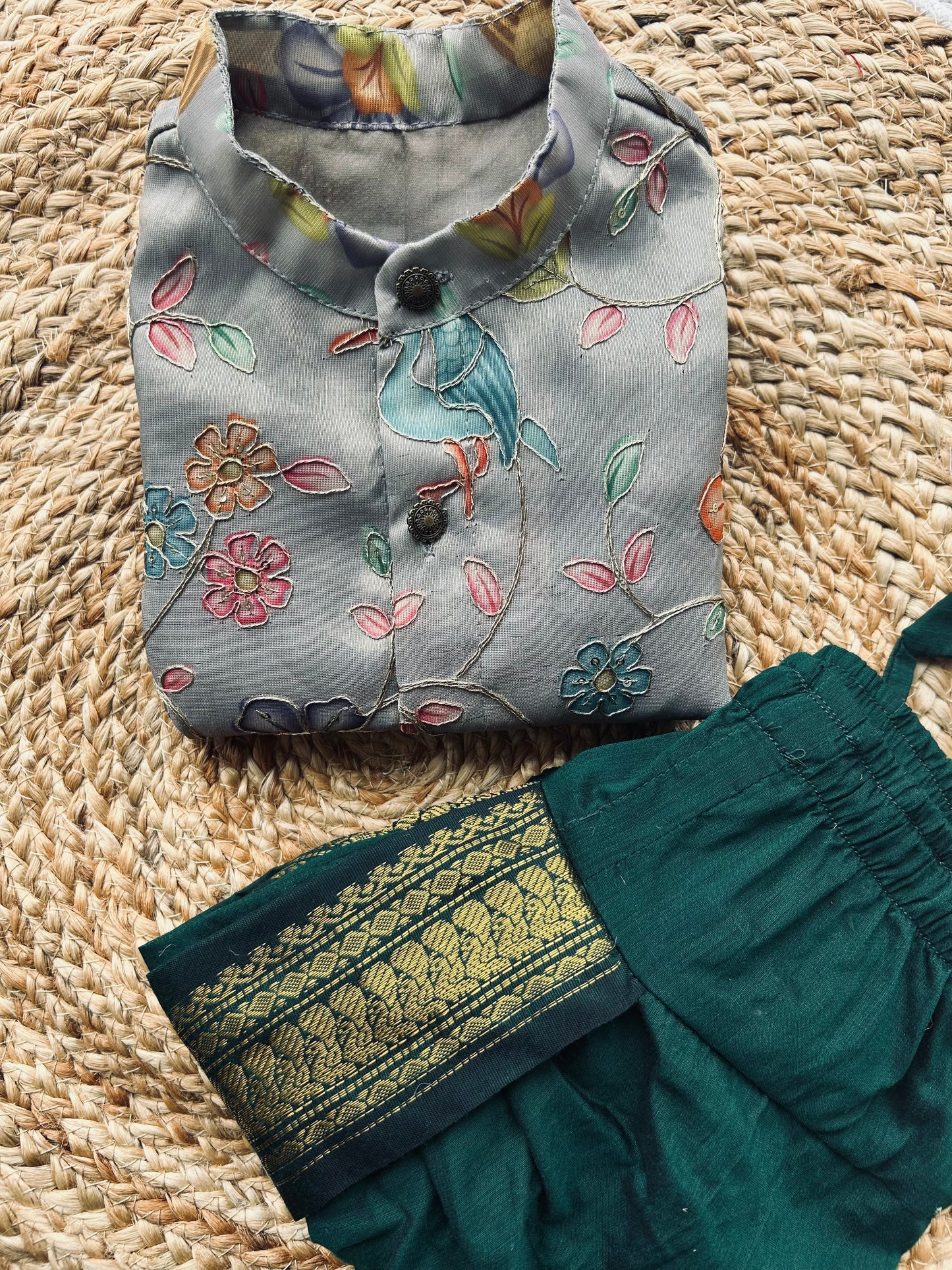 Floral Embroidered kurta with green dhoti comfortable ethnic wear for baby boy