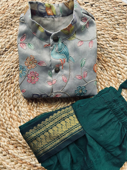 Floral Embroidered kurta with green dhoti comfortable ethnic wear for baby boy