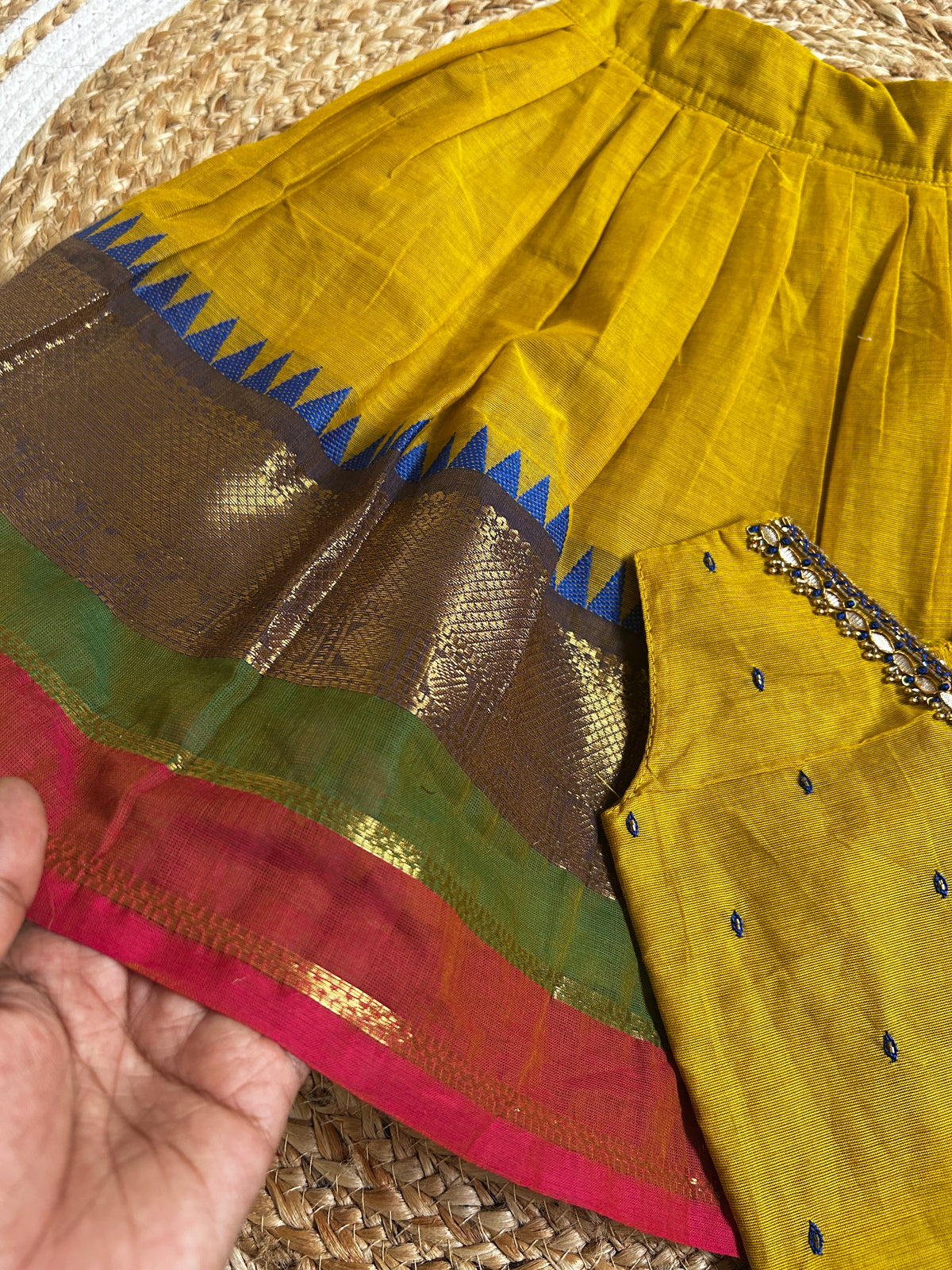 ಹಳದಿ (haladi) kanchi silk cotton sleeveless heritage langa blouse for baby girl