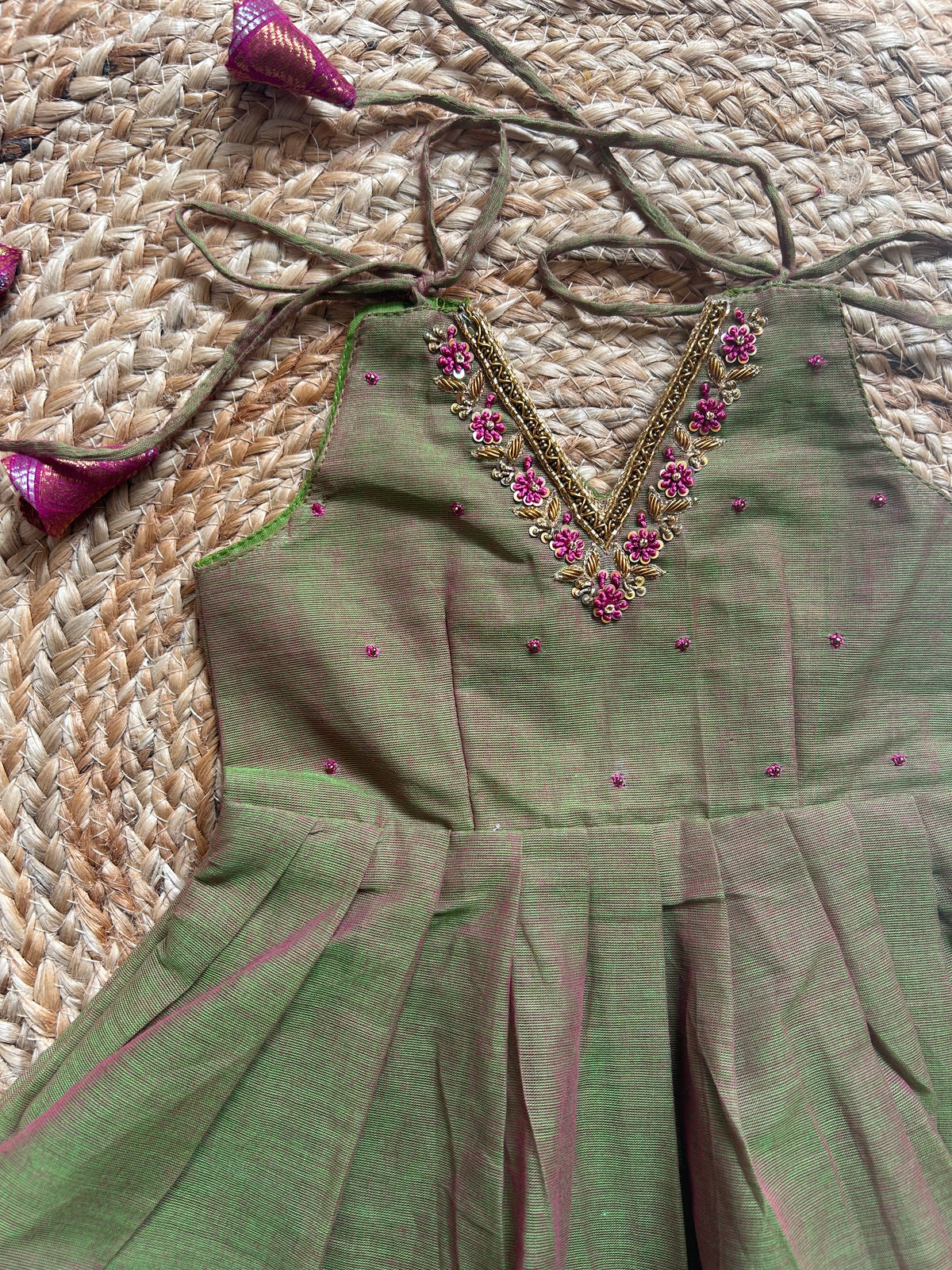 Saraswati - Kanchi border green handloom cotton sleeveless heritage frock for baby girl