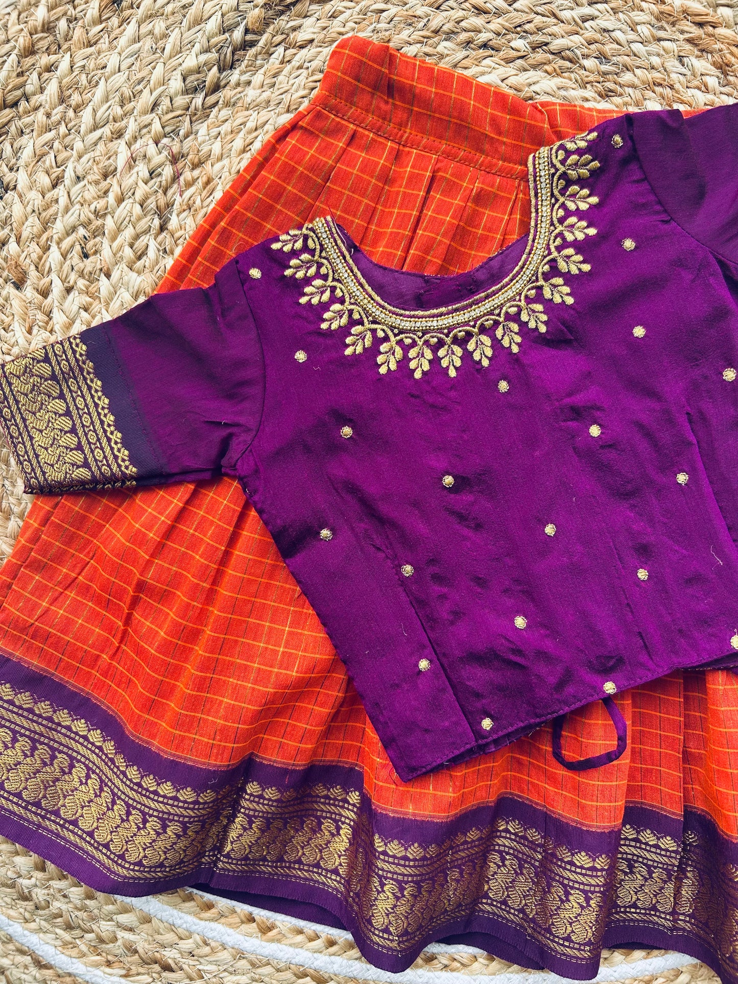 Embroideried Traditional langa blouse / pavadai rust orange with wine for baby girl