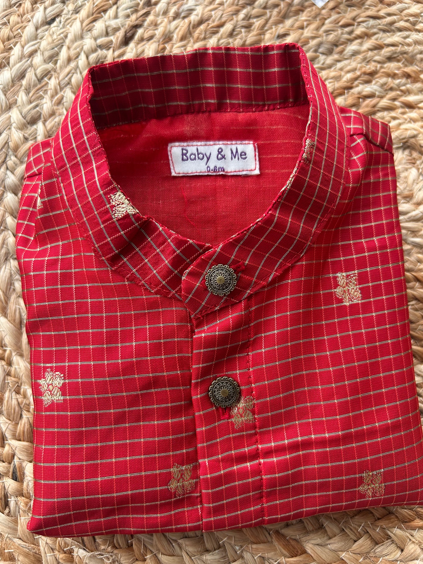 Red silk checks Kurta for baby boy ethnic top wear