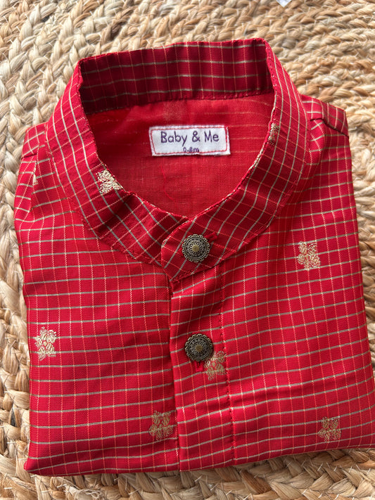 Red silk checks Kurta for baby boy ethnic top wear