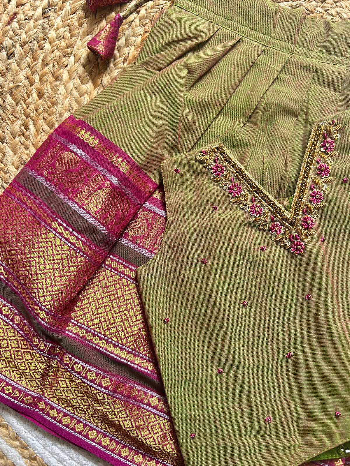 Bhavani - Kanchi border green handloom cotton sleeveless heritage langa blouse for baby girl
