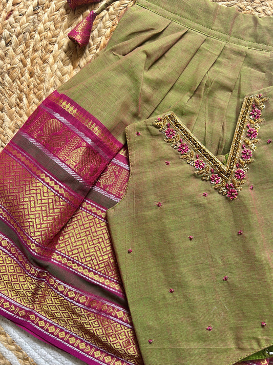 Bhavani - Kanchi border green handloom cotton sleeveless heritage langa blouse for baby girl