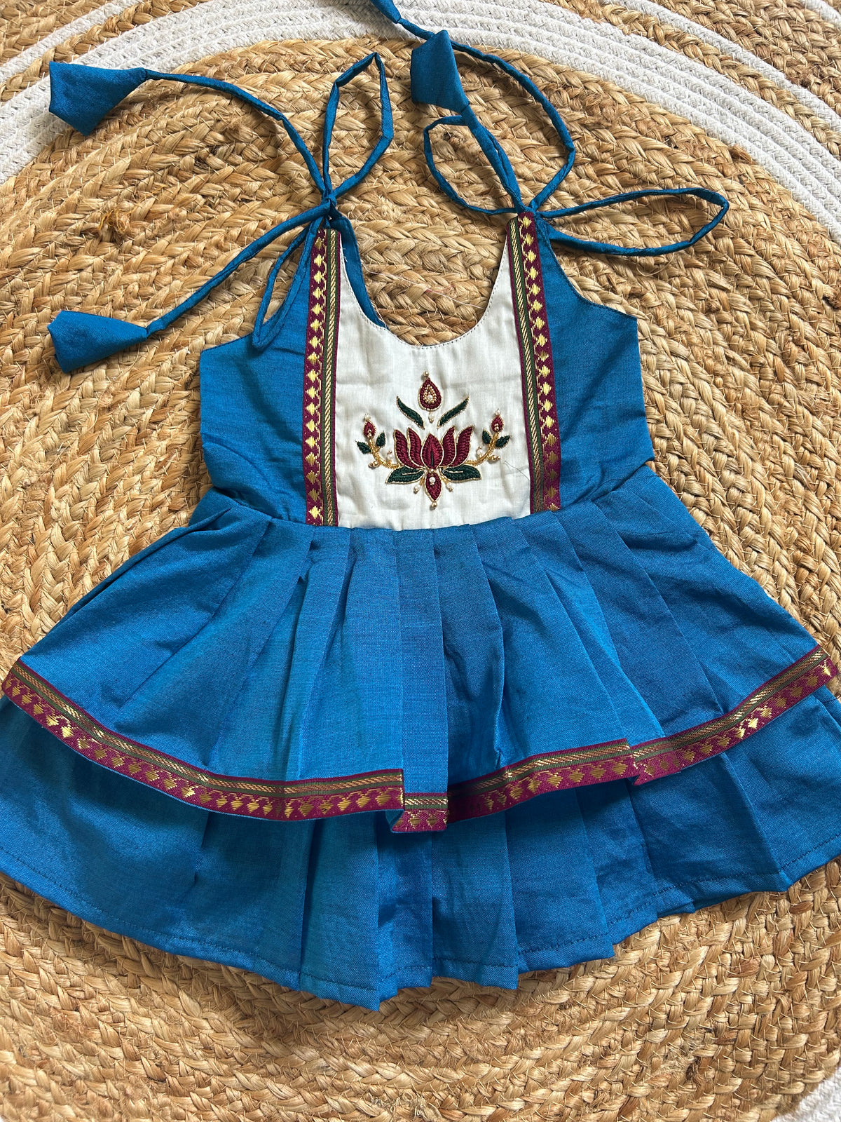 Peacock Blue Lotus Embroidered Multi-Layered Ethnic Wear for Baby Girl – Traditional frock for Baby Girl