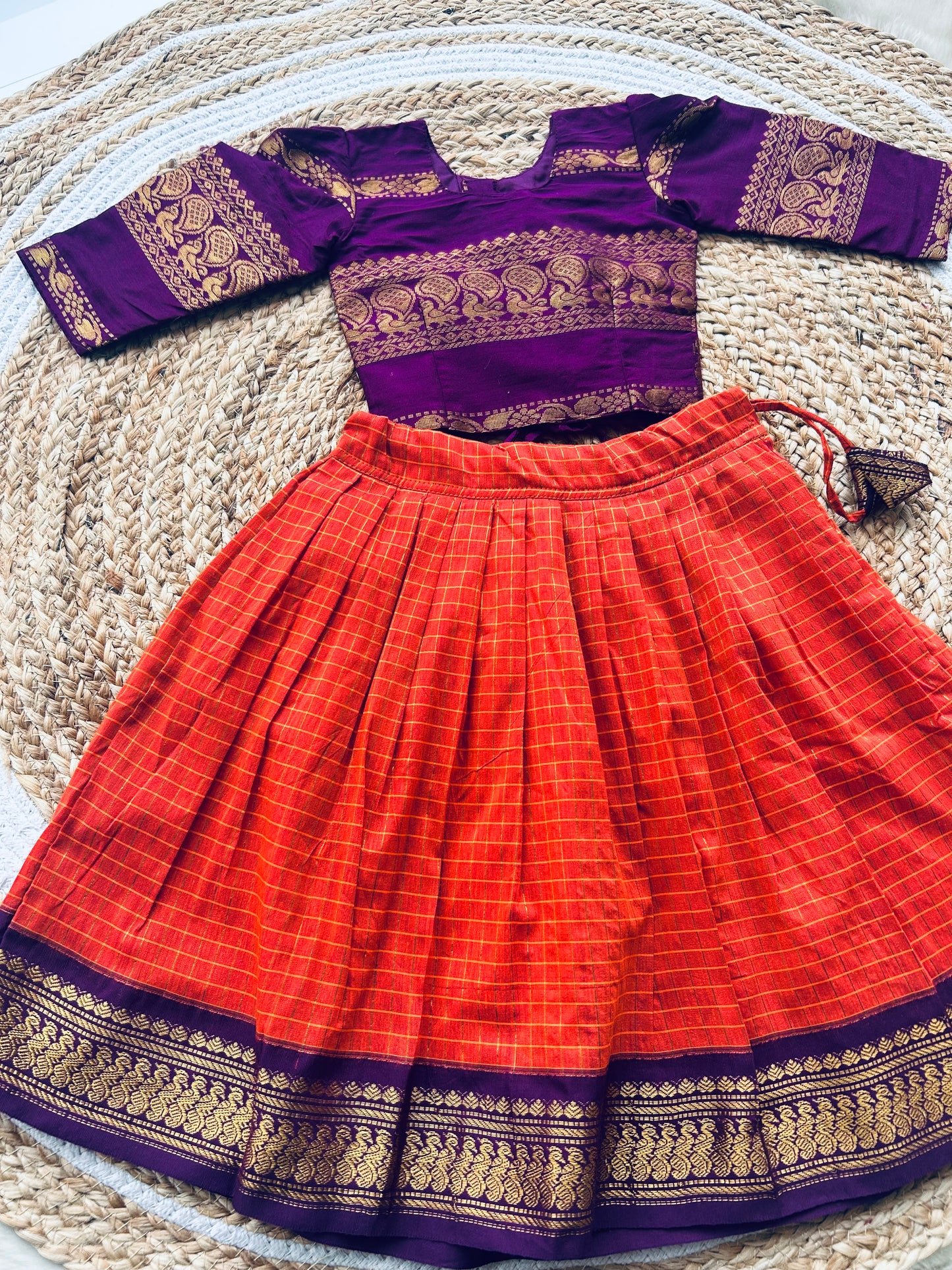 Traditional langa blouse / pavadai rust orange with wine for baby girl