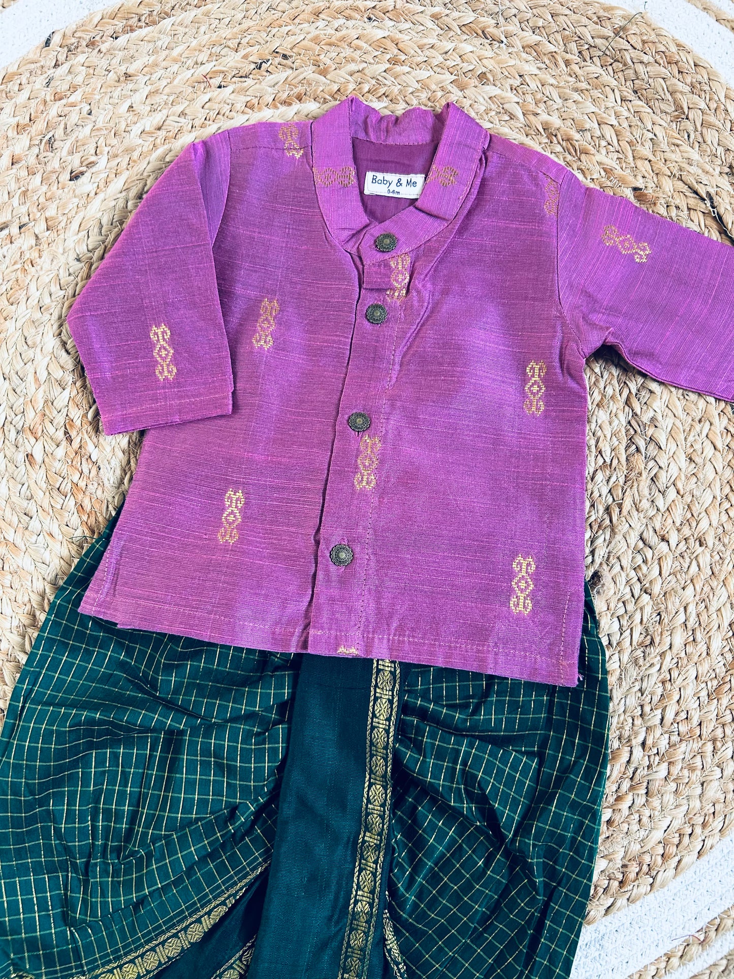Pink kurta and bottle green checked Dhoti for Boys – Traditional Ethnic Wear Cotton weave for Baby Boy