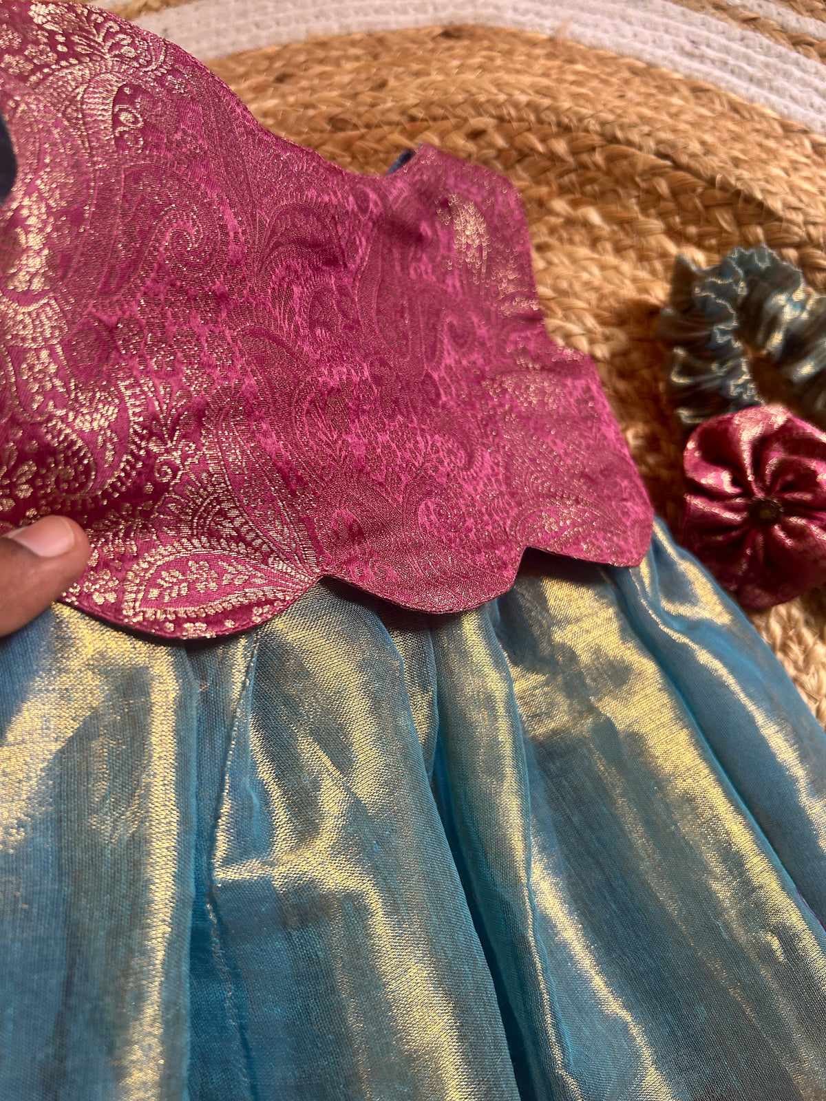 Aqua Blue with Pink Scalloped Gown Ethnic Wear for Baby Girl – Birthday frock for Baby Girl