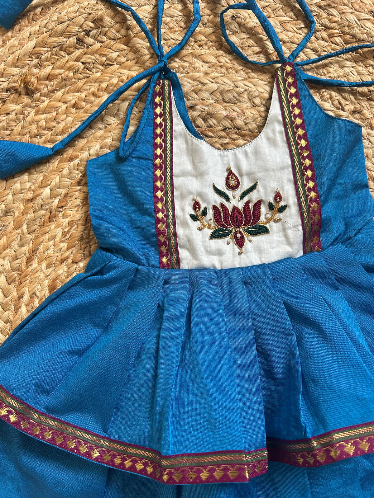 Peacock Blue Lotus Embroidered Multi-Layered Ethnic Wear for Baby Girl – Traditional frock for Baby Girl