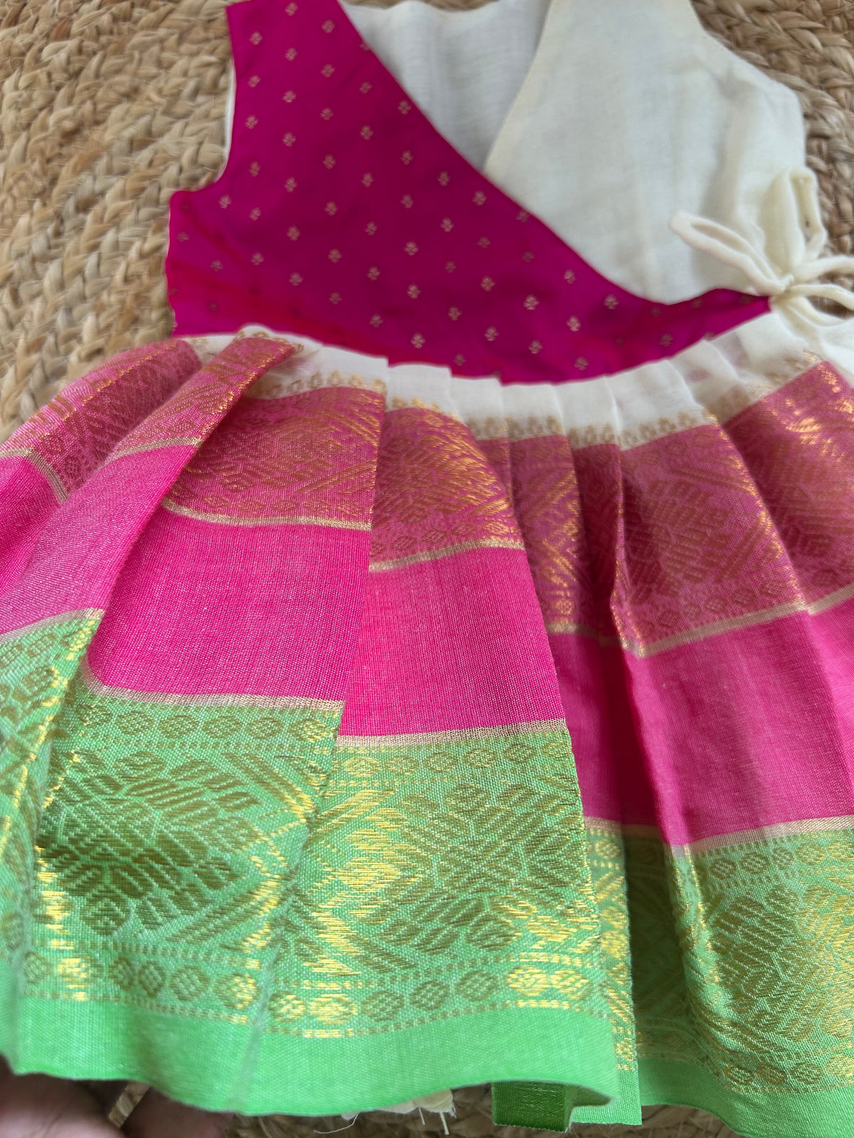 Mul cotton White & Pink Angrakha-Style  Ethnic Wear for Baby Girl – Traditional frock for Baby Girl