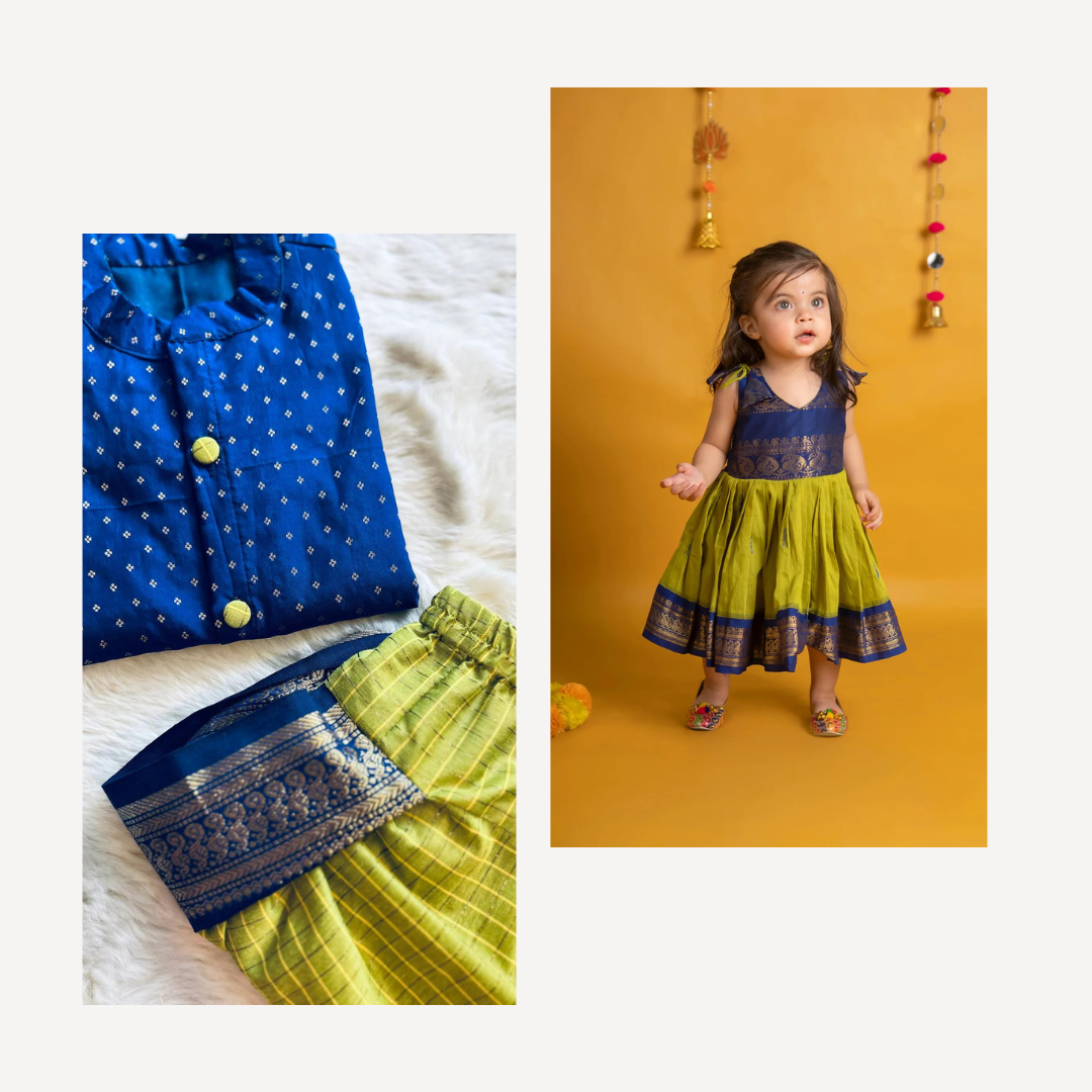 Royal blue and green sibling combo - ethnic wear for bro and sis twinning set