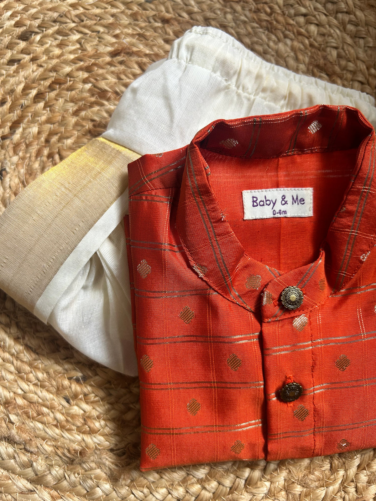 Reshme chowka orange with handloom cotton white with zari dhoti ethnic wear for baby boy