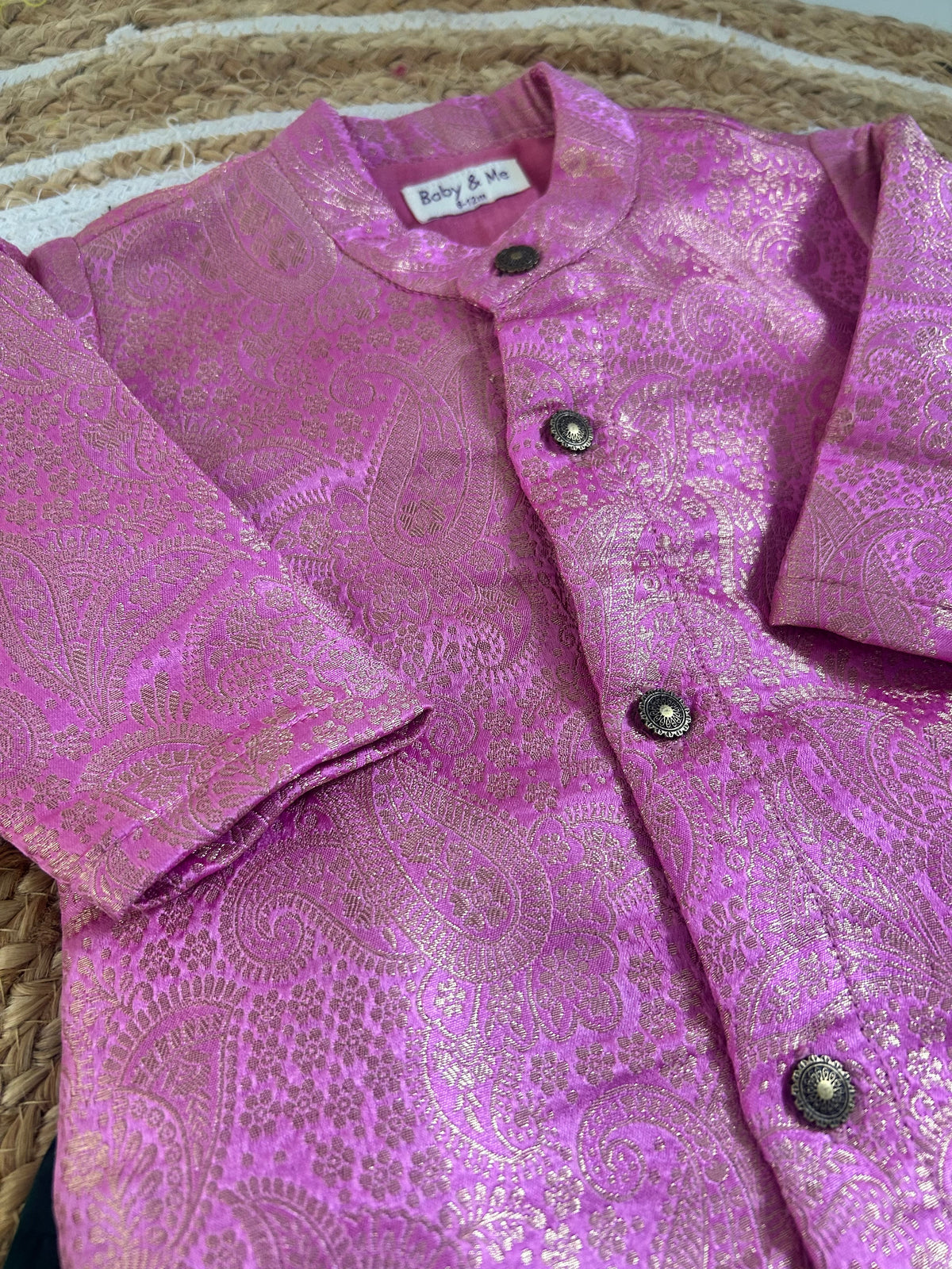 Gulabi Paisley Light Pink Banarasi kurta with traditional Bottle green dhoti ethnic wear for baby boy