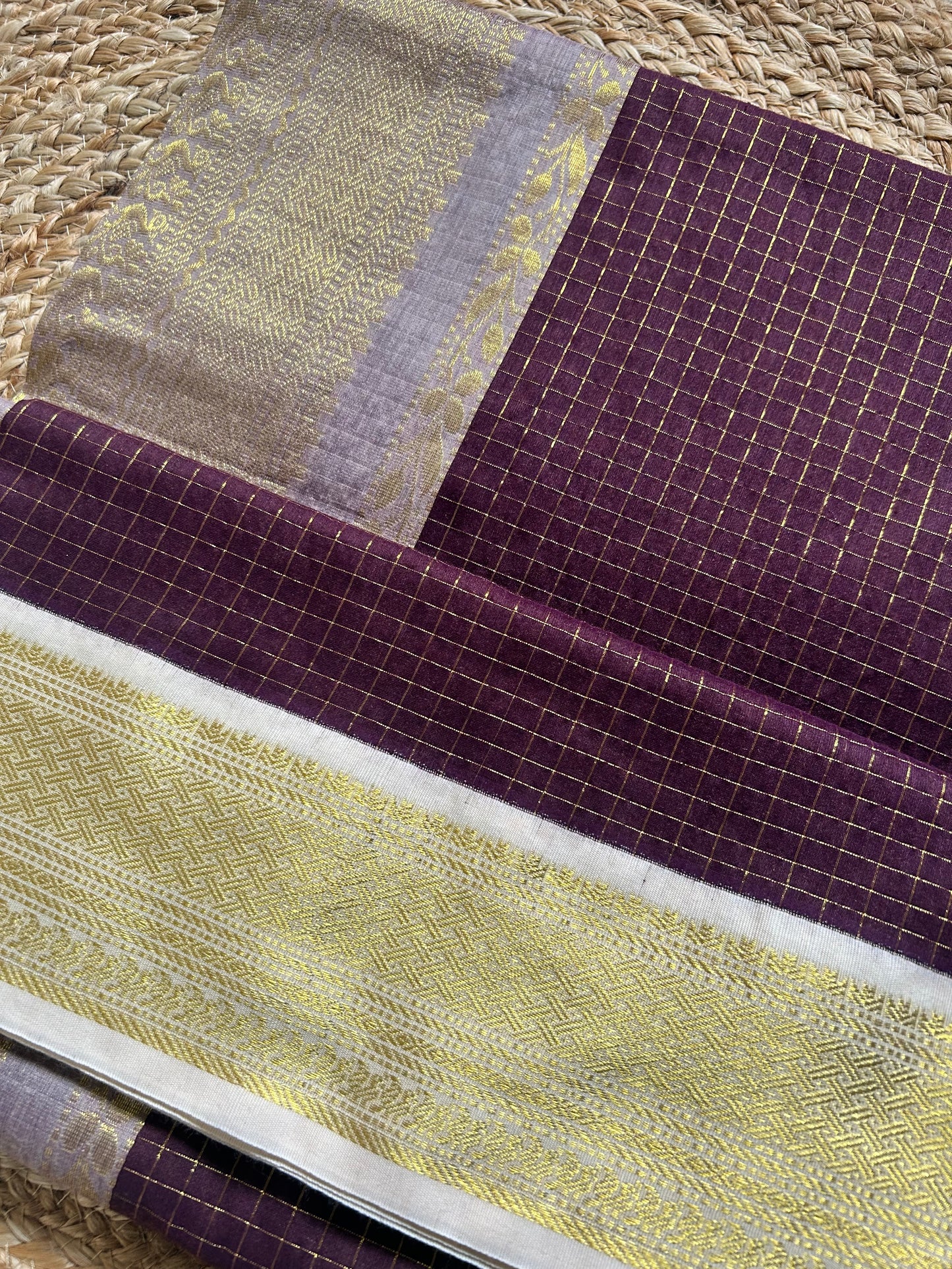 Chocolate & Ivory Handloom Silk Cotton Saree with Gold Zari Border