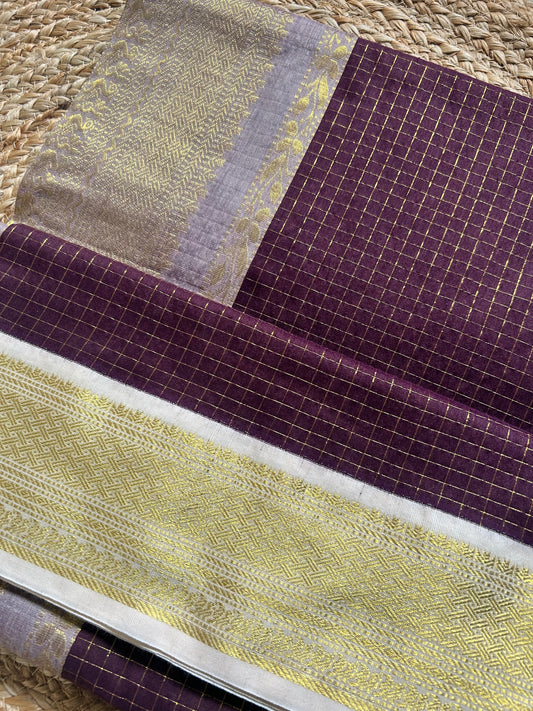 Chocolate & Ivory Handloom Silk Cotton Saree with Gold Zari Border