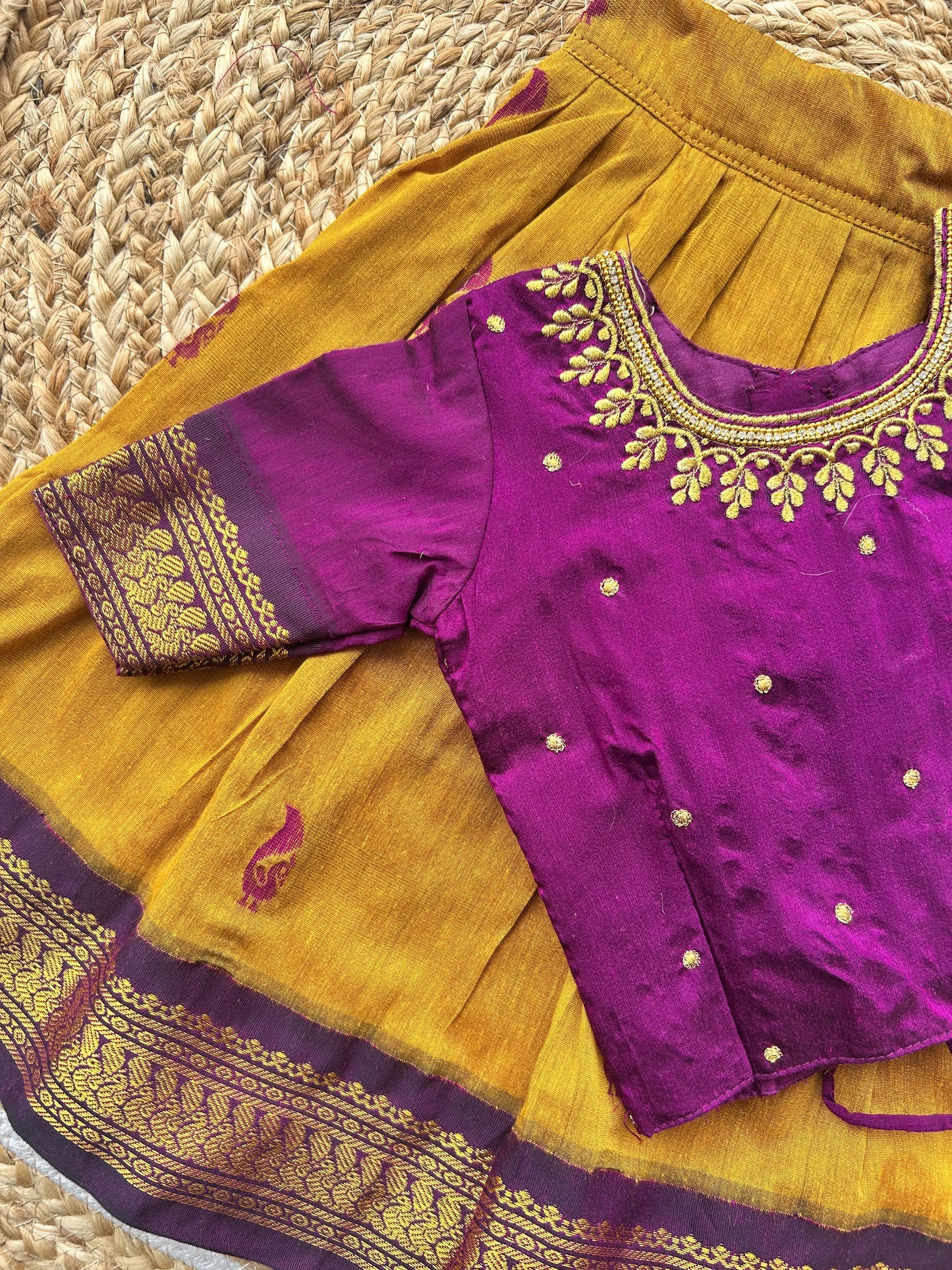 Embroideried Traditional langa blouse / pavadai mustard yellow with wine for baby girl