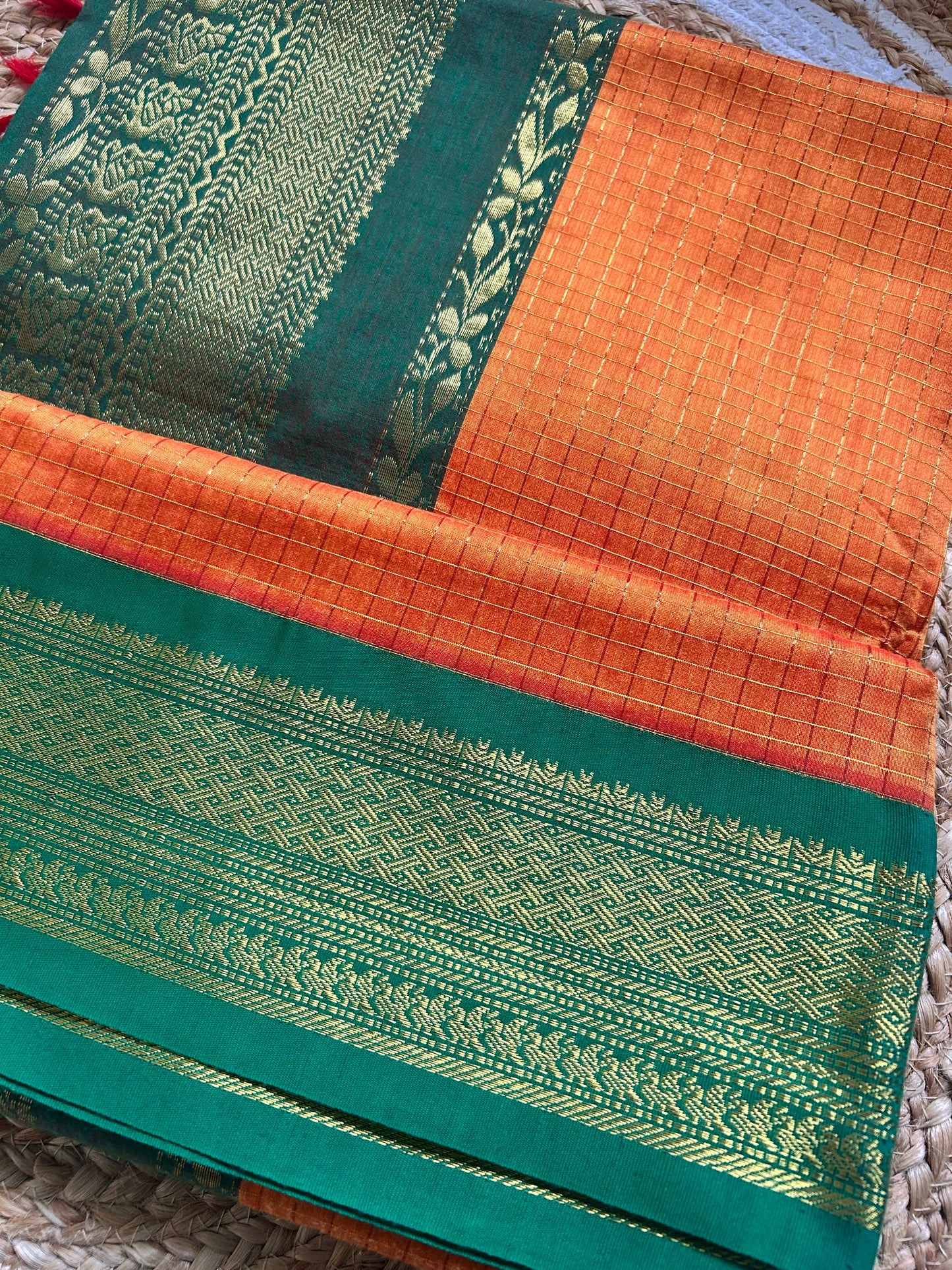 Teal Green & Rust Orange Handloom Silk Cotton Saree with Gold Zari Border