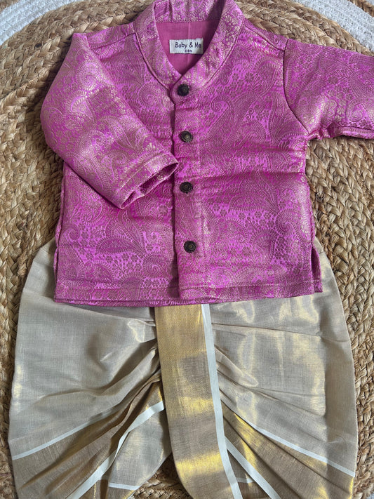Gulabi Paisley Light Pink Banarasi kurta with traditional gold dhoti ethnic wear for baby boy