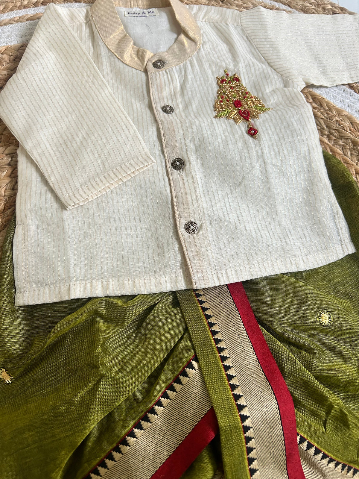 White with gold Traditional Temple Embroidered Kurta with Olive Green Dhoti for baby boy