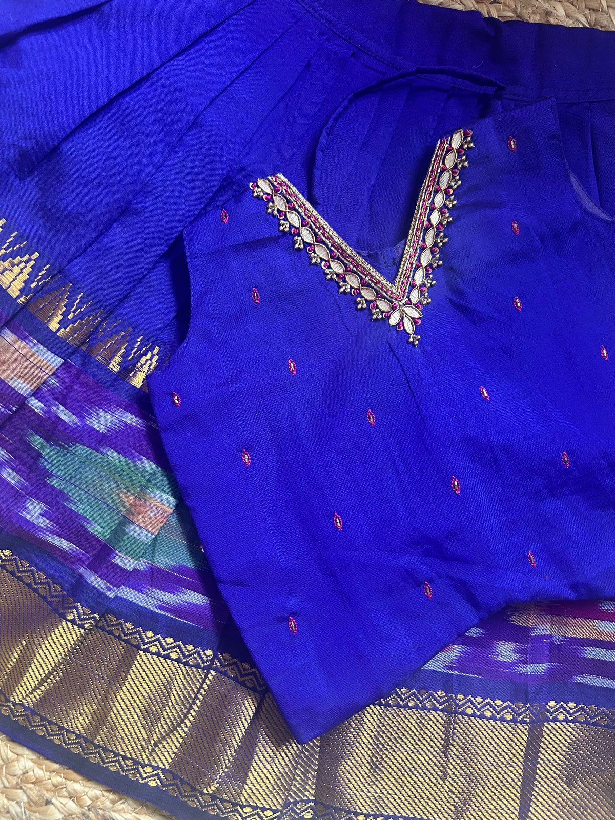 Pochampally border purple kanchi silk cotton sleeveless heritage langa blouse for baby girl
