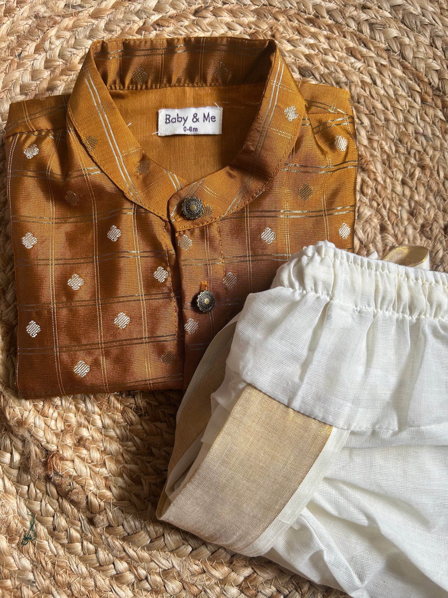 Honey gold with cream reshme chowka Kurta Dhoti for baby boy - Festive Collection