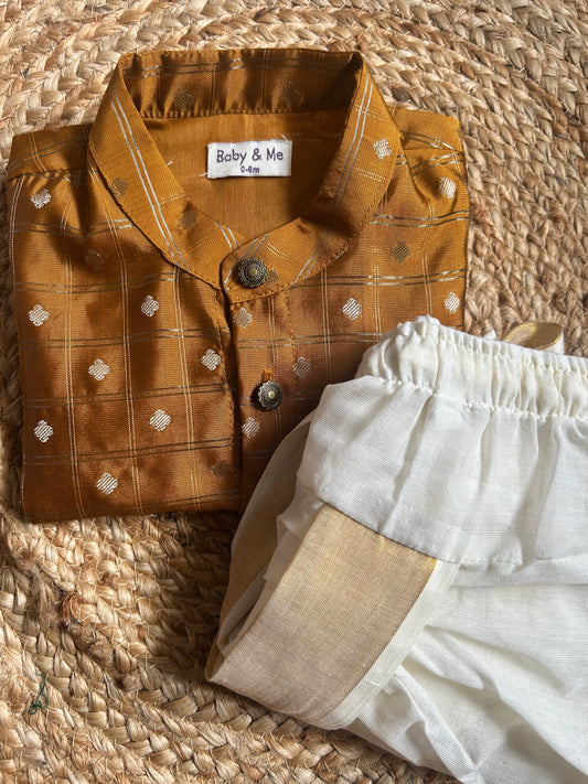 Honey gold with cream reshme chowka Kurta Dhoti for baby boy - Festive Collection